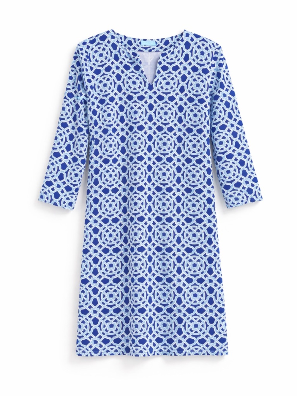 J. McLaughlin Cory Catalina Cloth Dress Blue Geometric 3/4 Sleeve Shift Large